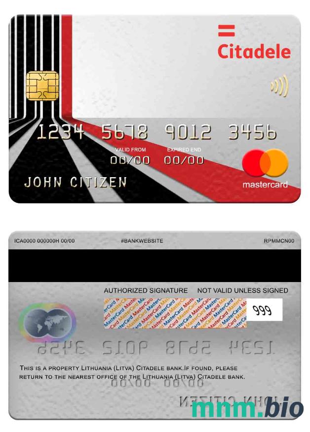 Lithuania (Litva) Citadele bank przykład karty mastercard w formacie PSD